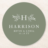 Rustiek monogram salie groen eenvoudige klassieke  ronde kartonnen onderzetter (Voorkant)