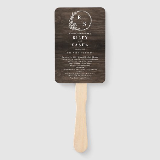 Rustiek Monogram Trouwceremonie Programma Fan Handwaaier (Voorkant)