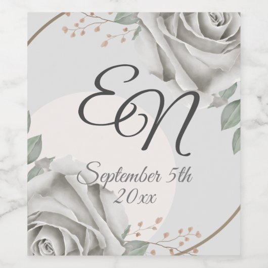 Rustiek Monogram witte rozen Bloemen bruiloft Wijn Etiket (Enkel label)