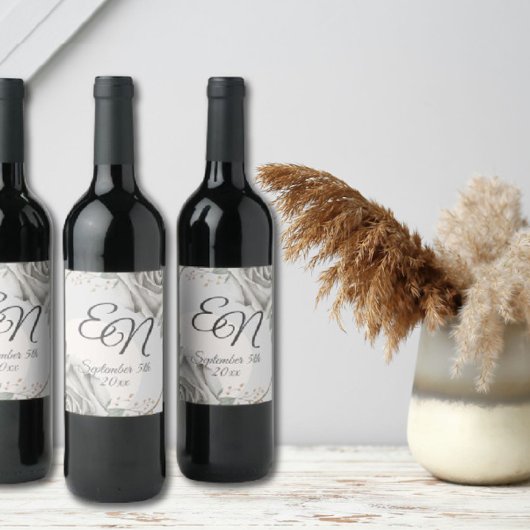 Rustiek Monogram witte rozen Bloemen bruiloft Wijn Etiket