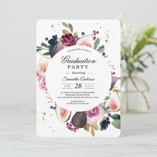 Rustiek Moody Bourgondië Bloemen & Berry Afstudere Kaart (Staand voorkant)