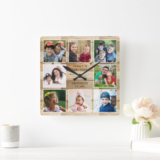 Rustiek Natuurlijk Hout 8 Foto Collage Familie Quo Vierkante Klok (Huis)