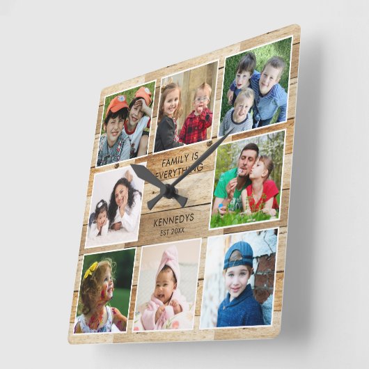 Rustiek Natuurlijk Hout 8 Foto Collage Familie Quo Vierkante Klok (Hoek)