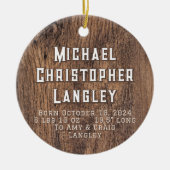 Rustiek Natuurlijk Hout Land Geboortegegevens Vaka Keramisch Ornament (Voorkant)