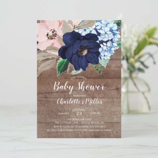 Rustiek Navy Blue & Blush Bloemen Baby shower Kaart (Staand voorkant)