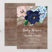 Rustiek Navy Blue & Blush Bloemen Baby shower Kaart (Voorkant / Achterkant)
