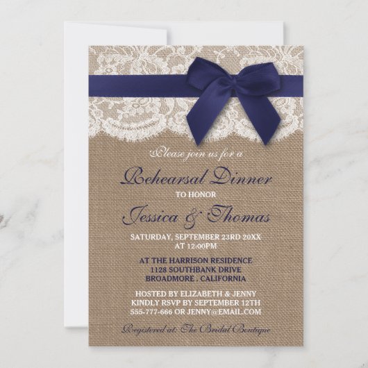 Rustiek Navy Blue Ribbon bruiloft repetitie diner Kaart (Voorkant)