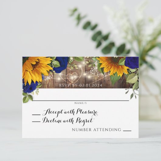 Rustiek Navy Roos, Zonnebloem bruiloft RSVP (Staand voorkant)