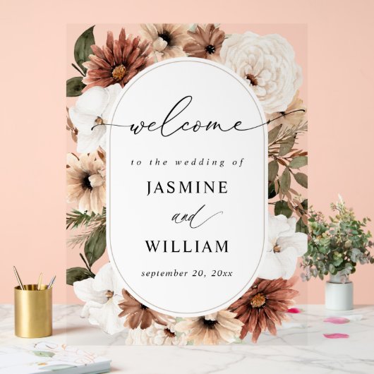 Rustiek Neutraal Boho Bloemen Bruiloft Welkom Acryl Bord (Huwelijk)