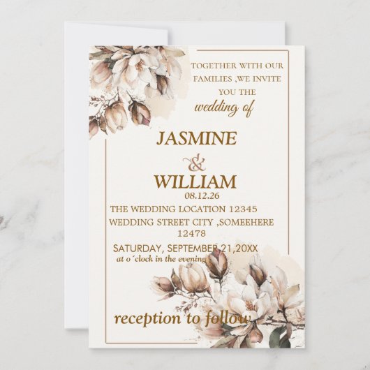 Rustiek Neutraal Boho Bloemen Huwelijksuitnodiging Kaart (Voorkant)