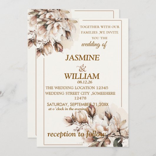 Rustiek Neutraal Boho Bloemen Huwelijksuitnodiging Kaart (Voorkant / Achterkant)