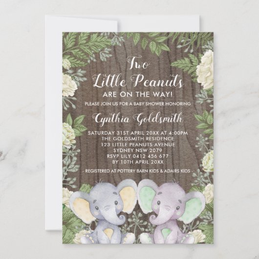 Rustiek Neutral Twin Elephants Groen Baby shower Kaart (Voorkant)