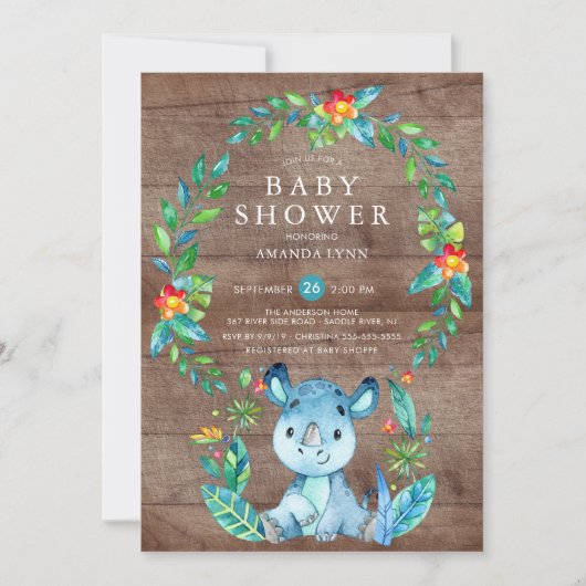 Rustiek Oerwoud Blauw Rhinoceros Jongen Baby showe Kaart (Voorkant)