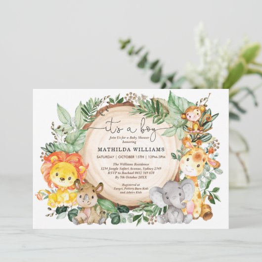 Rustiek Oerwoud Groen Wilde Dieren Baby shower Kaart (Staand voorkant)