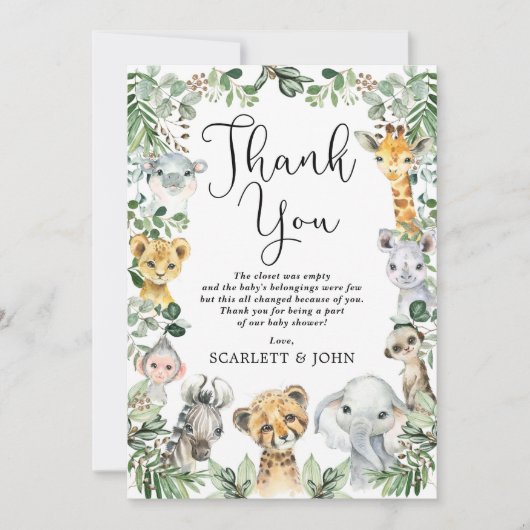 Rustiek Oerwoud Safari Dieren Groen Baby shower Bedankkaart (Voorkant)