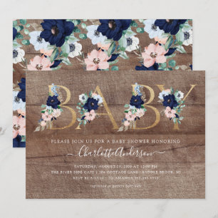 Rustiek Oh Baby Navy Blue Blush Bloemen Baby showe Kaart