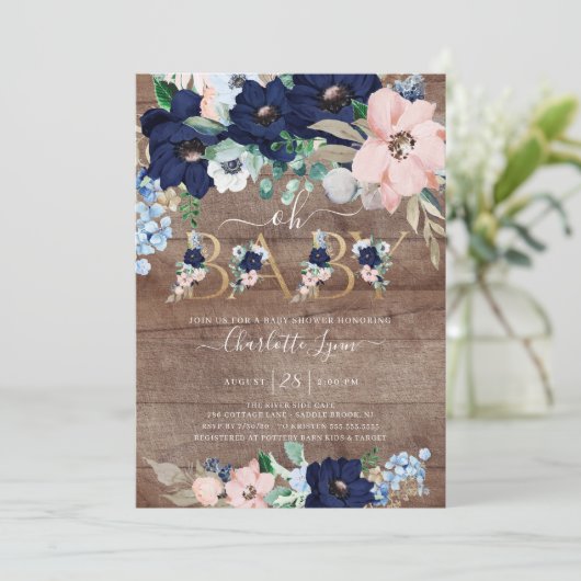Rustiek Oh Baby Navy Blue Blush Bloemen Baby showe Kaart (Staand voorkant)