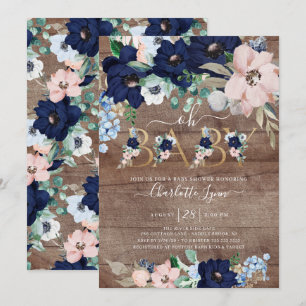 Rustiek Oh Baby Navy Blue Blush Bloemen Baby showe Kaart