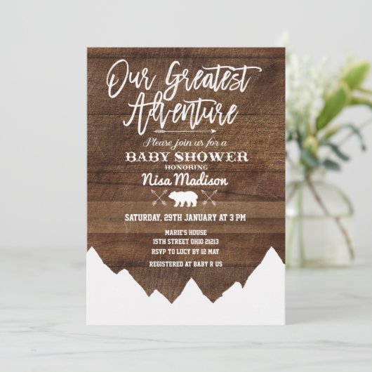 Rustiek Onze Grootste Avontuur Baby shower Kaart (Staand voorkant)