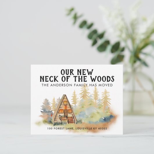 Rustiek Onze nieuwe nek van de Bossen Trees Cabin Aankondigingskaart (Staand voorkant)