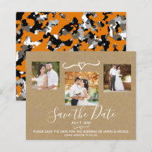 Rustiek Oranje Grijs Camo Kraft Foto Save the Date
