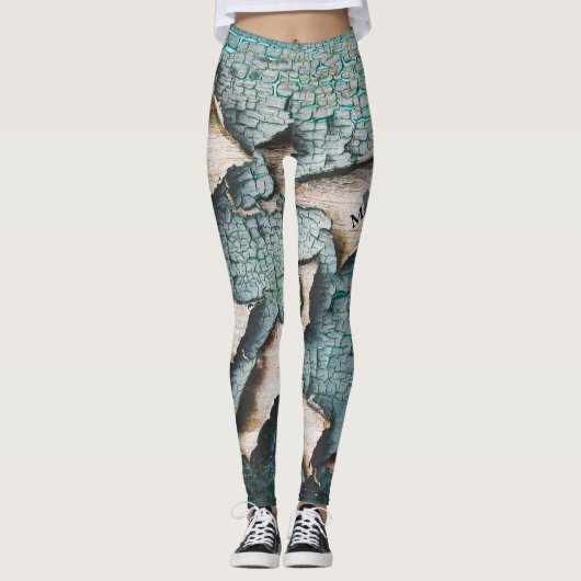 Rustiek oud blauw groen verf hout Custom Monogram Leggings (Voorkant)