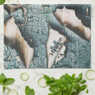 Rustiek oud blauw groen verf hout Custom Monogram Theedoek