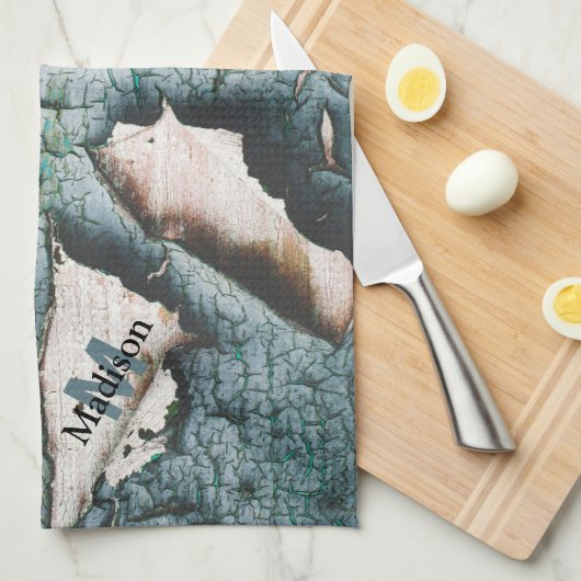 Rustiek oud blauw groen verf hout Custom Monogram Theedoek (Quarter Fold)