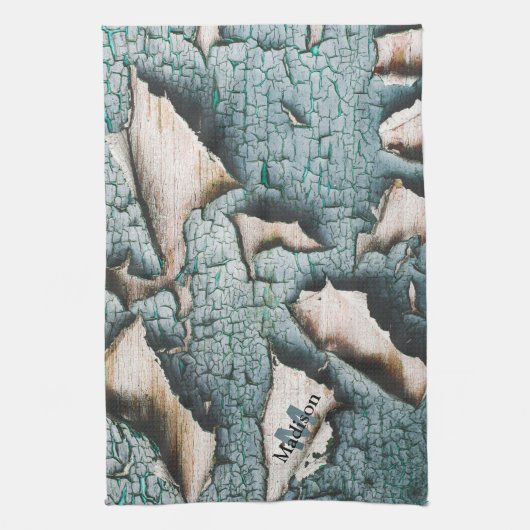 Rustiek oud blauw groen verf hout Custom Monogram Theedoek (Verticaal)