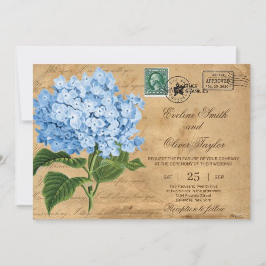  rustiek oud papier blauw hortensia bruiloft kaart (Voorkant)