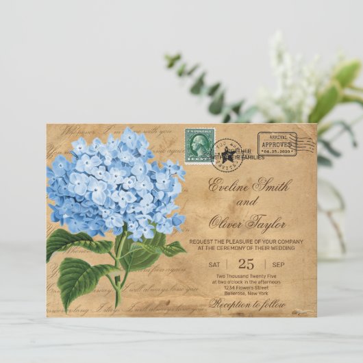  rustiek oud papier blauw hortensia bruiloft kaart (Staand voorkant)