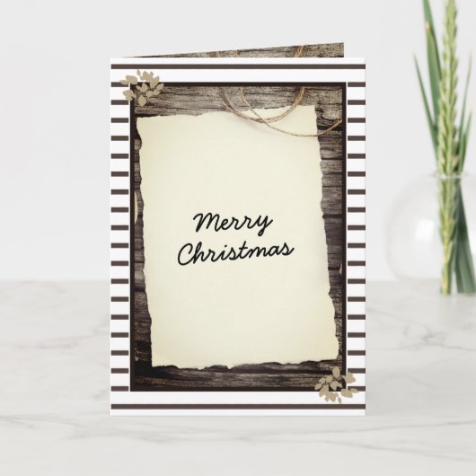 Rustiek oud papier hout vrolijk kerstscript feestdagen kaart (Voorkant)