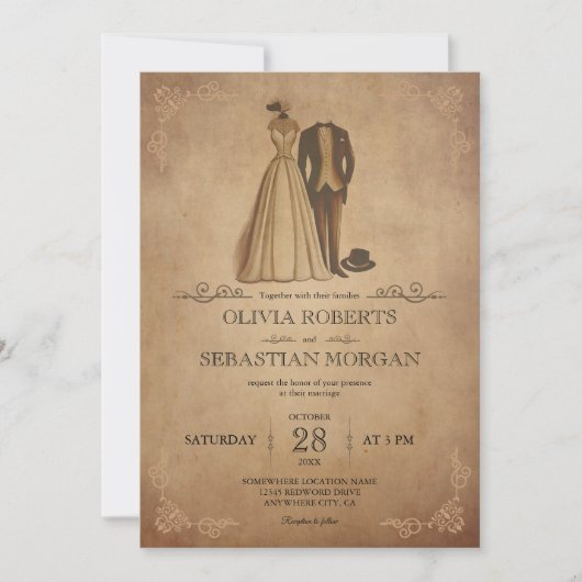 rustiek oud perkament Victoriaans bruiloft Kaart (Voorkant)