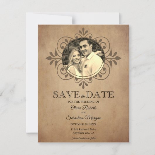  rustiek oud perkament Victoriaans bruiloft Save The Date (Voorkant)
