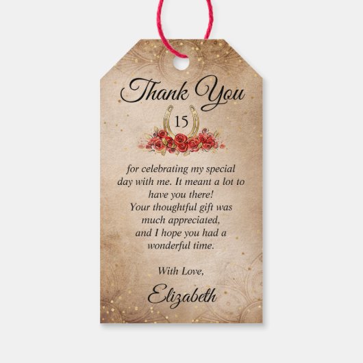 Rustiek Paard Rood Goud Quinceanera Dank je wel gu Cadeaulabel (Achterkant)