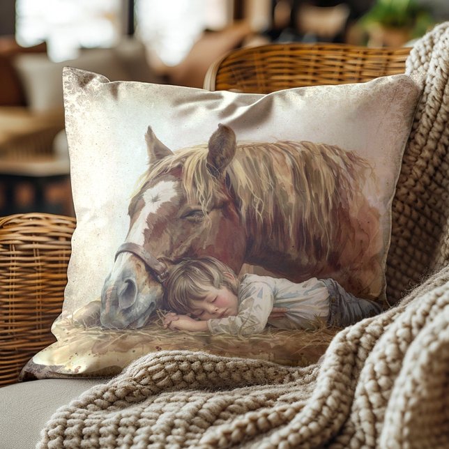 Rustiek Paard Slapen Kind Land Boerderij Kussen (Sleeping horse and child pillow)