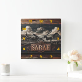 Rustiek paardenportret in de buurt van boerderij i vierkante klok