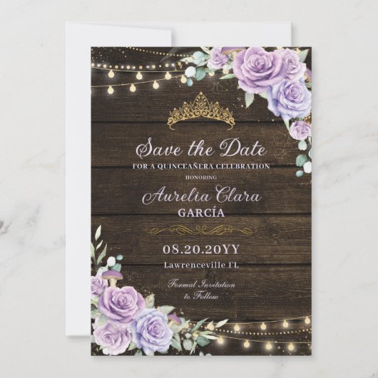 Rustiek Paarse Bloemen Betoverd Bos Quinceañera Save The Date (Voorkant)