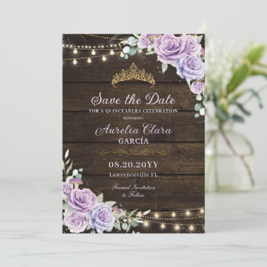 Rustiek Paarse Bloemen Betoverd Bos Quinceañera Save The Date (Staand voorkant)