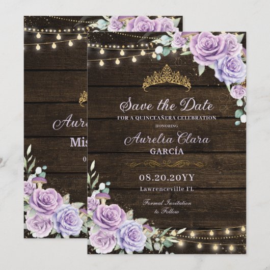 Rustiek Paarse Bloemen Betoverd Bos Quinceañera Save The Date (Voorkant / Achterkant)