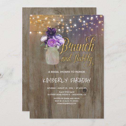 Rustiek Paarse Bloemen Mason Jar Vrijgezellenfeest Kaart (Voorkant / Achterkant)