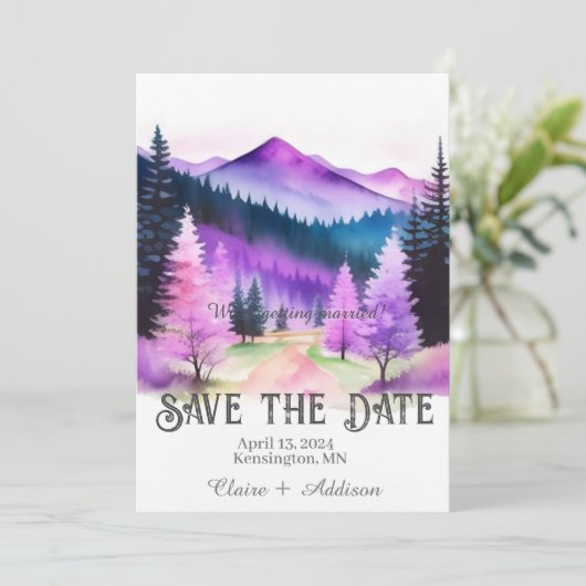 Rustiek Paarse en blauwe Waterverf bos Save The Date (Staand voorkant)