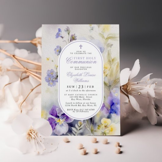 Rustiek Paarse en gele eerste communie Kaart