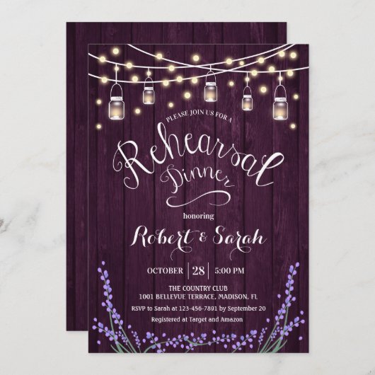 Rustiek Paarse houten lavendelrepetitiediner Kaart (Voorkant / Achterkant)