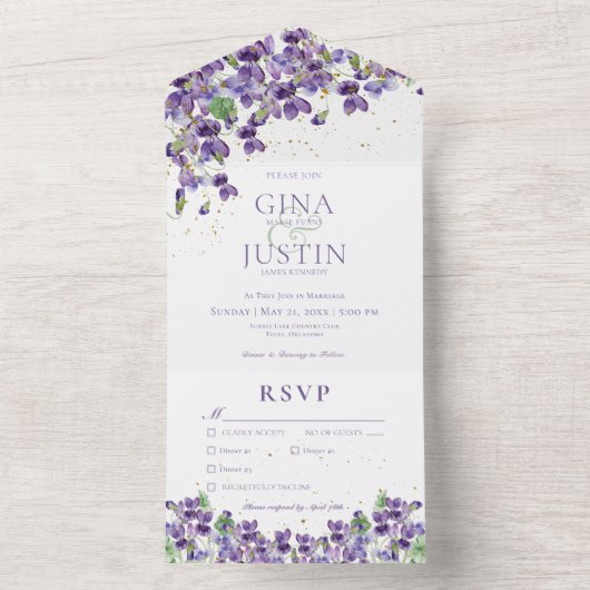Rustiek Paarse Violets Goud Sparkle Diner All In One Uitnodiging (Binnen)