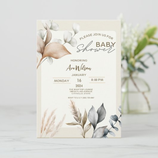 Rustiek Pampas Grass Boho baby shower Kaart (Staand voorkant)