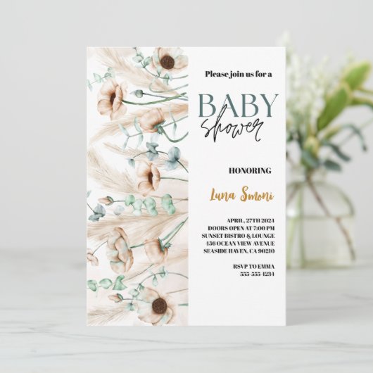Rustiek Pampas Grass Boho Wildflower baby shower Kaart (Staand voorkant)