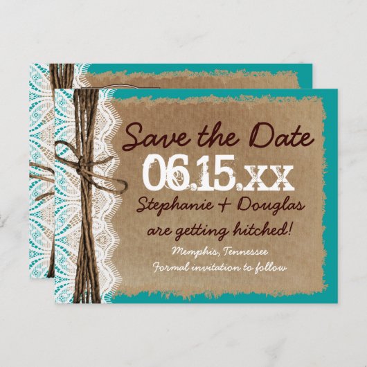 Rustiek  papier Blauwgroen Save the Date Briefkaar Aankondigingskaart (Voorkant / Achterkant)