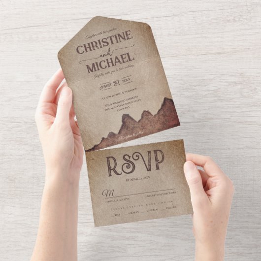 rustiek papier bruin bergen bruiloft all in one uitnodiging (Afscheurbaar)