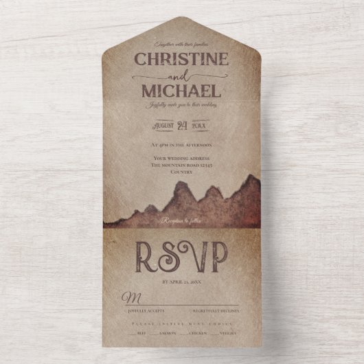  rustiek papier bruin bergen bruiloft all in one uitnodiging (Binnen)